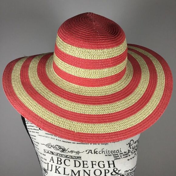 Accessories - Coral with cream and gold striped floppy wide brim floppy hat summer beach boho